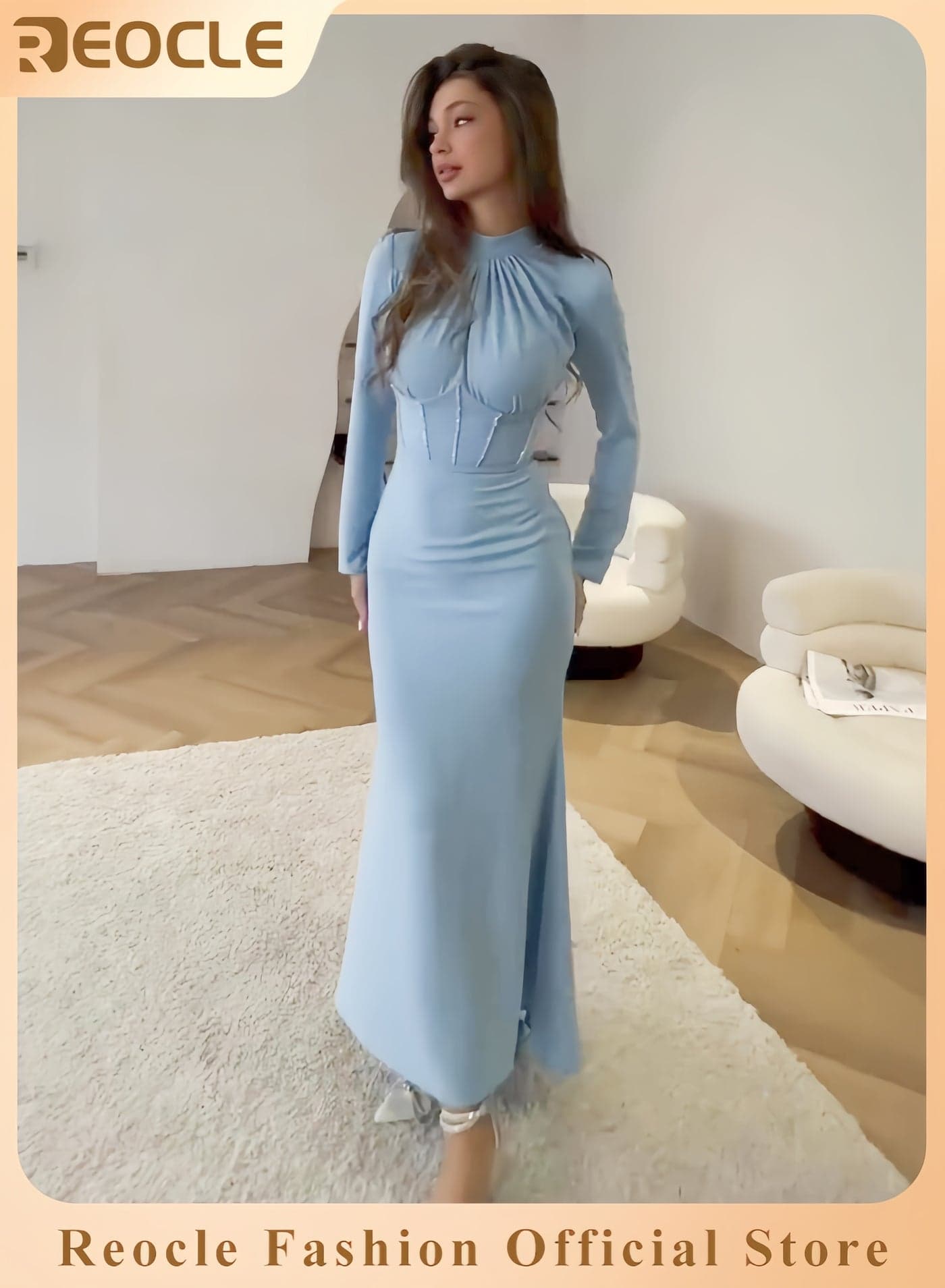 Women's Haute Slim Long Sleeved Irregular Long Dress with Pleated Tie and Fishbone Support Elegant Evening Party Silk Luster Dress