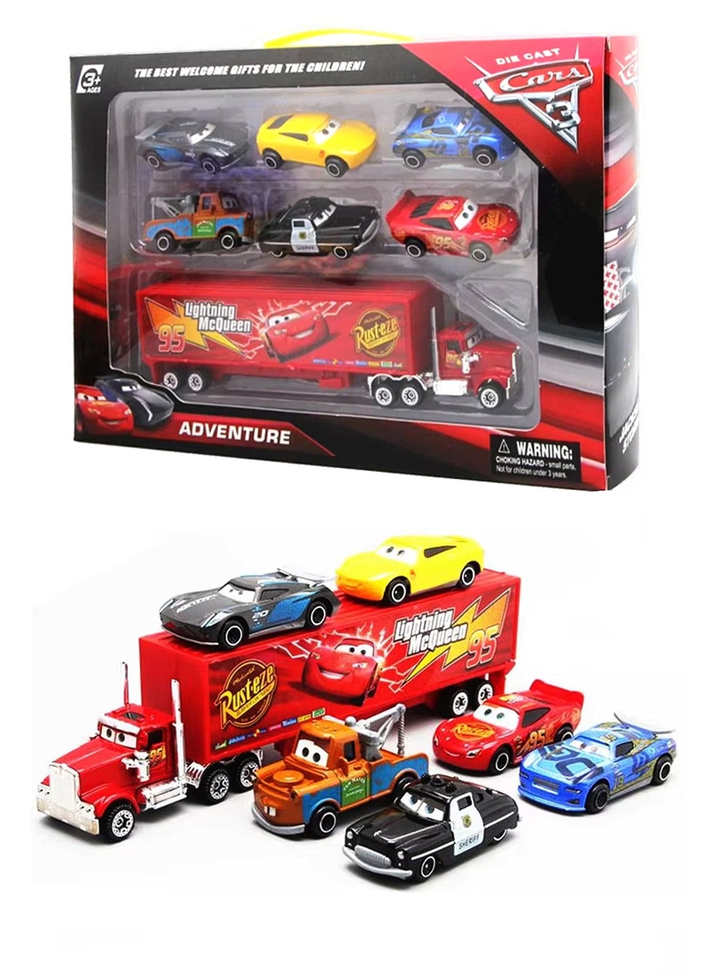 Lightning McQueen Mack Truck & 6 Die-Cast Cars Toy Set – Pixar Cars 3 Collectible Racing Vehicles | Portable Carrier Truck Playset | Best Birthday, Eid & Christmas Gift for Boys & Kids Age 3+