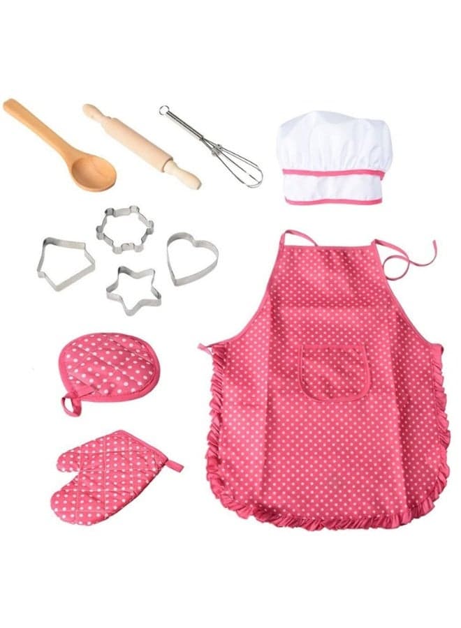 11 PCS Kids Cooking Baking Set , Kids Kitchen Pretend Play Toys, Children Chef Role Play Costume Set - Chef Hat and Matching Pink Apron, Birthday Xmas Gifts for 3-8 Year Old Girls and Boys Toys
