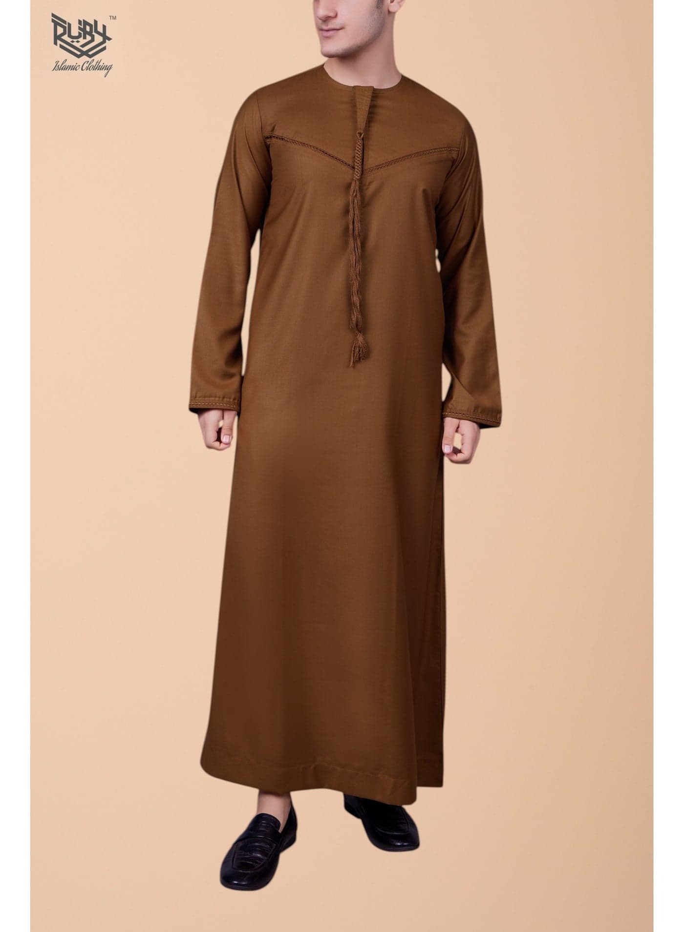 Men's Kandura Robe Thobe Jubbha Round Neck Long Sleeve Kaftan With Embroidery