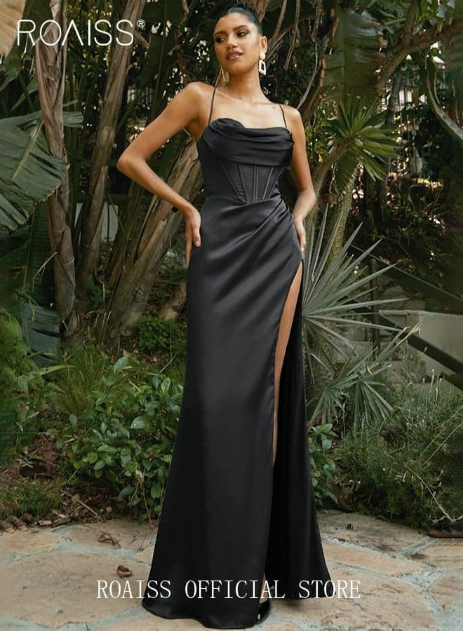 Banquet Party Dress for Women Evening Dresses Side Slit Backless Long-Length Prom Ball Gown Elegant High Waist Slim Dress U-Shaped Neck Fishbone Suspender Evening Dress Solid Color Black