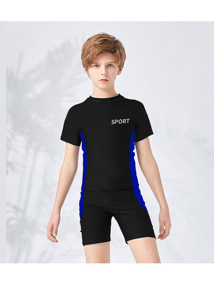 2 Piece Boys Swimsuit Swimming Trunks Set Toddler Kids Training Quick Dry Swimwear Children Short Sleeves Clothing Beachwear Split Bathing Suit for Summer Black