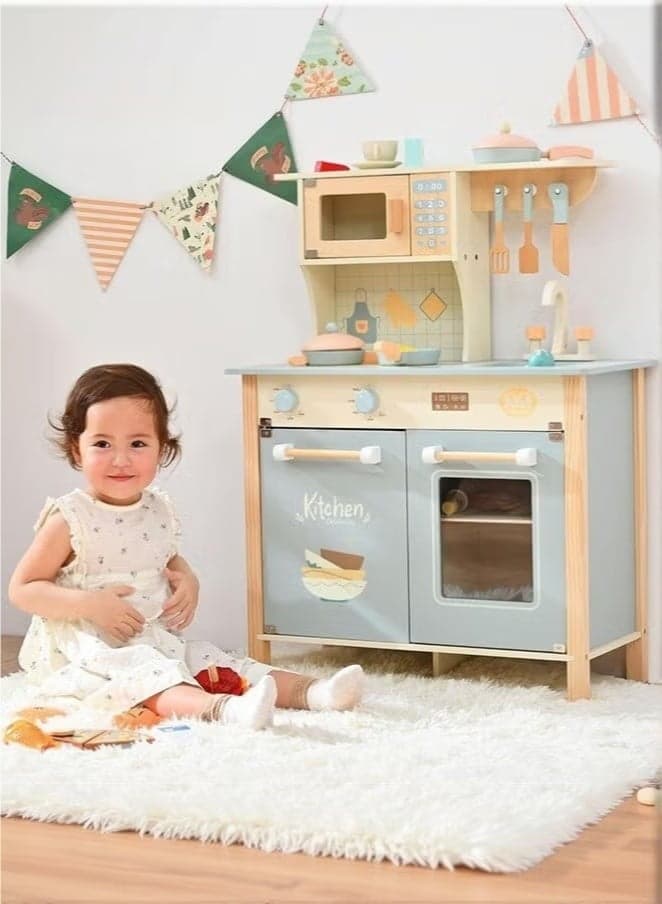 Wooden Play Kitchen Set For Kids Toddlers Kitchen Playset With Stove Oven, Sink and Accessories Toy Kitchen Set With Plenty Of Play Features Kids Play Kitchen Designed Gift for Ages 3+