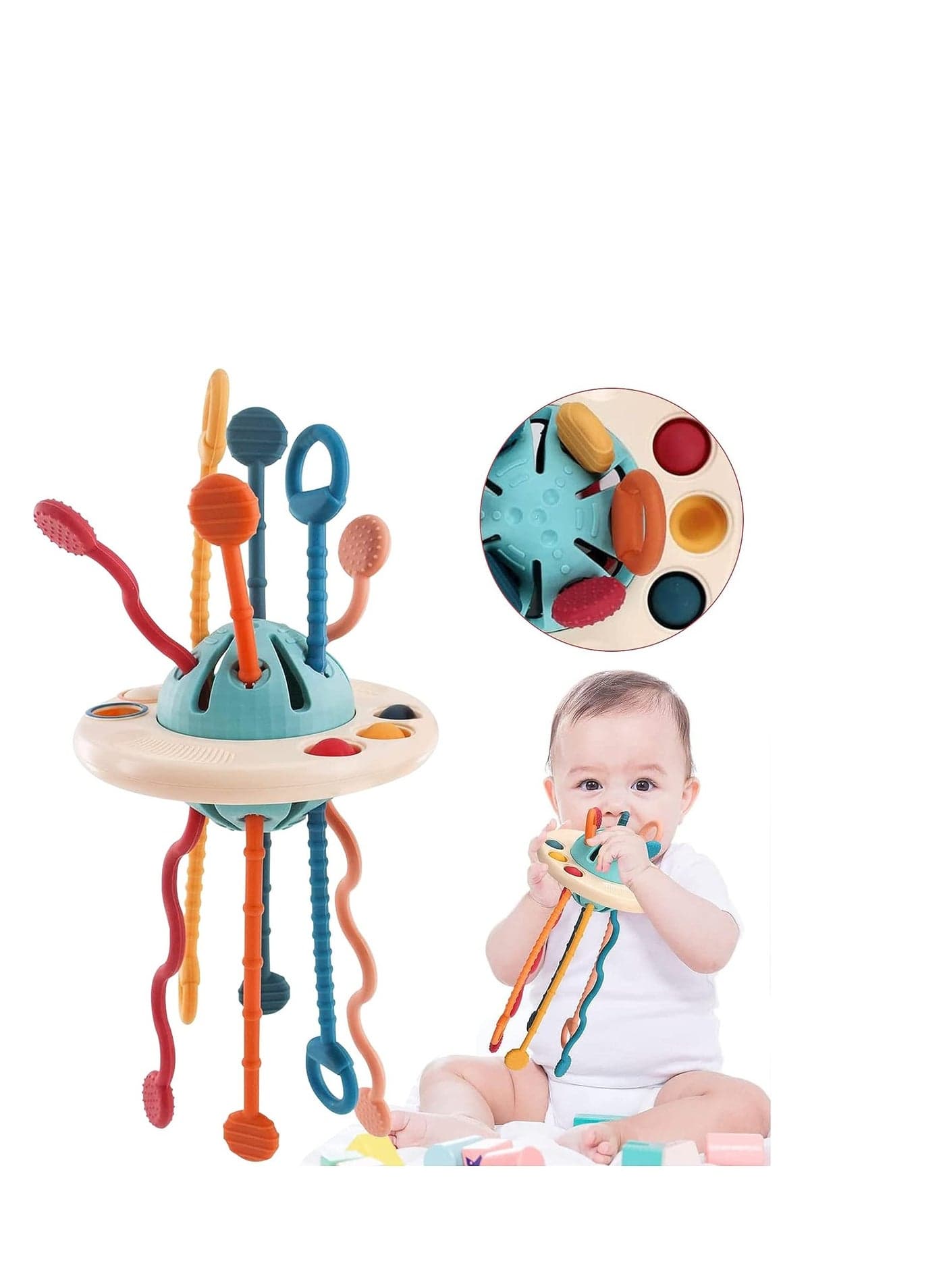 Activity Silicone Toys,Montessori Pull String Toy Baby Sensory Montessori Improve Fine Motor Skills Sensory Toys for Toddlers Gift, UFO Baby Sensory Toys Soft Teether Finger Training