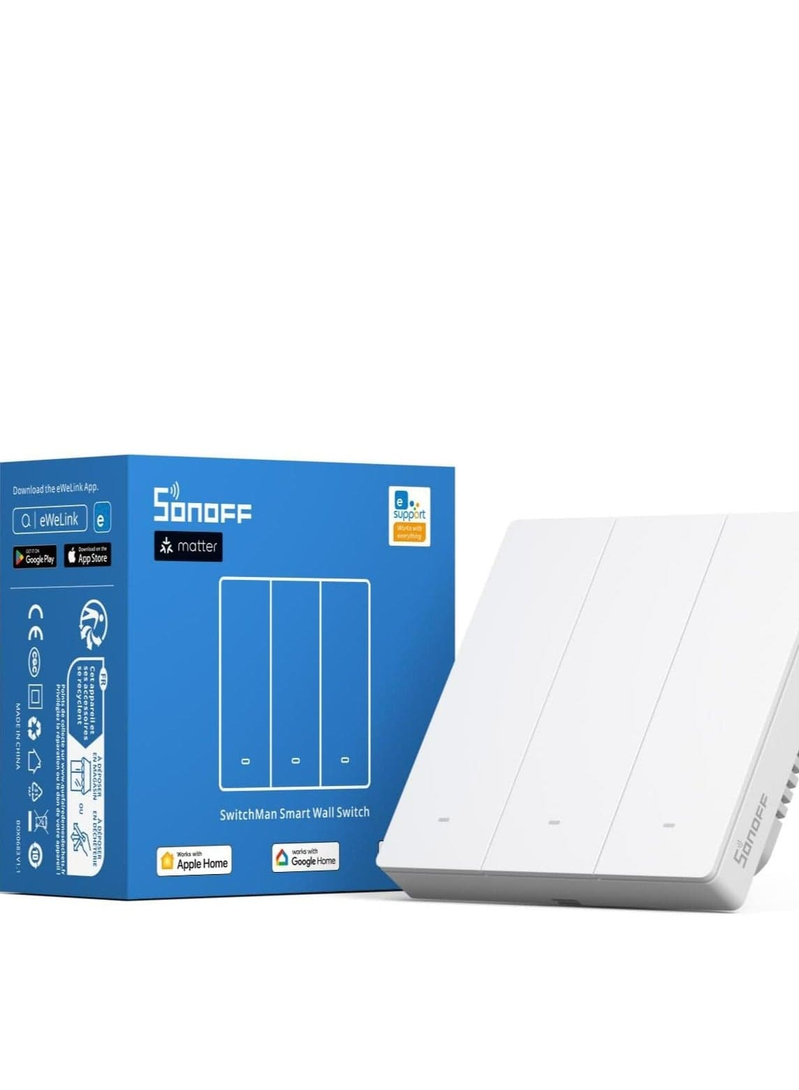 SONOFF M5-3C-86W SwitchMan 3 Gang Smart Wall Switch (Matter), Remote/Voice Control, Share Control, Smart Scene, Countdown Timing, 2.4GHz Wifi, 2200W Max Power, Works with Alexa & Google Home, White