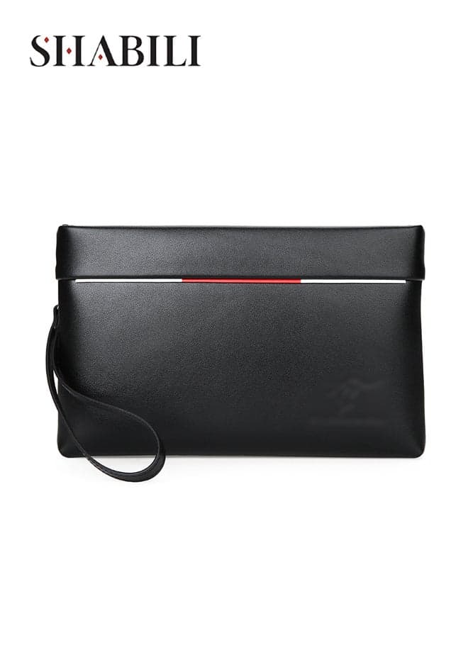 Men's PU Clutch Bag, Gents Bag Wallet Handbag Wrist Bag Passport Bag, Large Capacity Zip Pockets And Detachable Strap with Card Slots for Business Office Meeting Daily Commute Travel(Black)