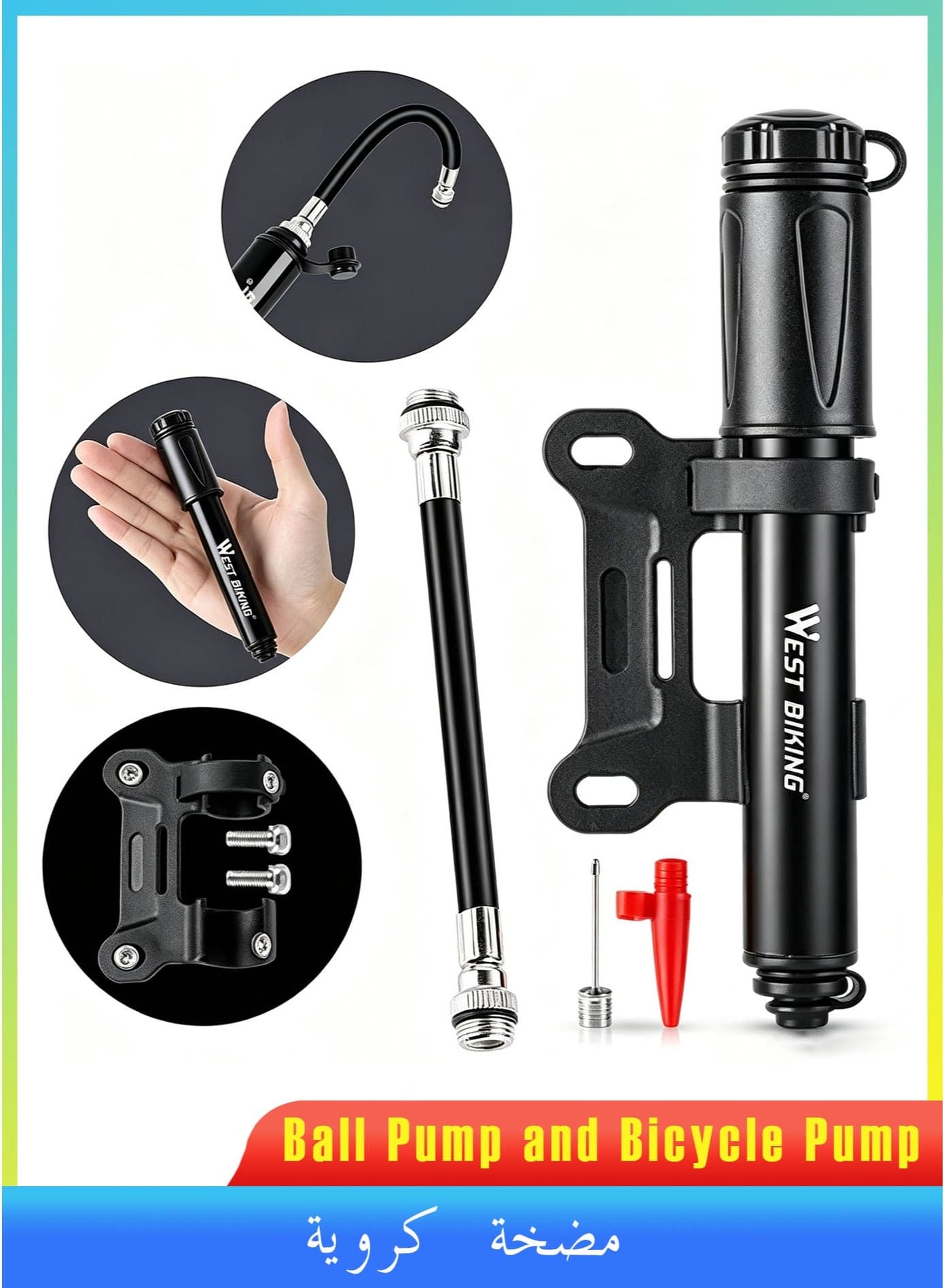 Mini Bike Pump, High Pressure Bicycle Pump Aluminum Alloy, Portable Tire Pump for Presta and Schrader Valves, 100 PSI Frame Mount Air Pump for Road Mountain BMX Bikes, Ball Inflator Pump for Sports, Black