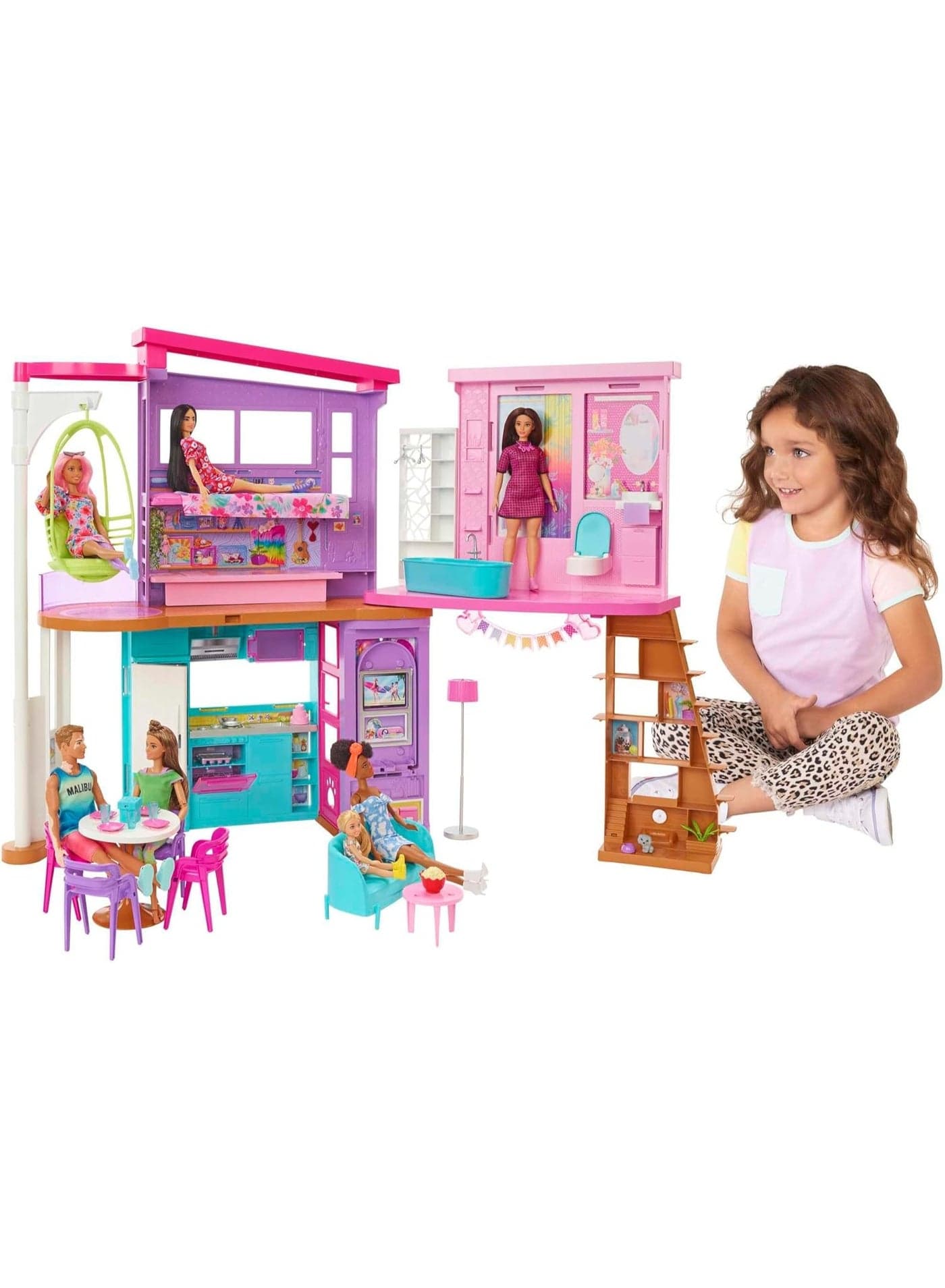 Malibu House Playset - 36-Piece Dream Vacation Dollhouse with 6 Rooms & Swing Elevator, Age 3+