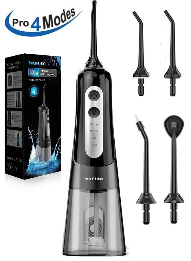 Cordless Water Dental Flosser for Teeth, with 4 Jet Tips, 300ML Tank Oral Irrigator Portable with 4 Modes IPX7 Waterproof Rechargeable Water Floss for Home Travel, Adults Teeth Cleaning (Black)