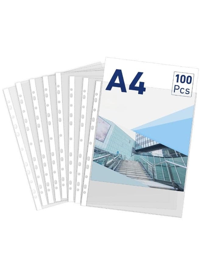 100Pcs Clear Sheet Protectors A4 Punched Pocket, Heavy Duty Binder Sleeves 11-Hole Plastic Page Protectors Sheet Top Loaded for 2/3/4 Ring Binder Fits Standard A4 Paper for Home,Office