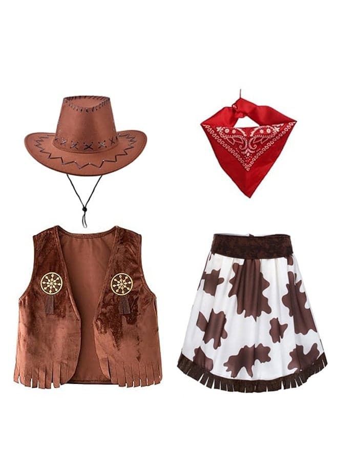4 Pcs Kids Cowboy Costume Dress Up Outfit for Girls Cowboy Chaps and Vest Set Hat with Scarf for Girls Birthday Kids Role Play Party Cosplay