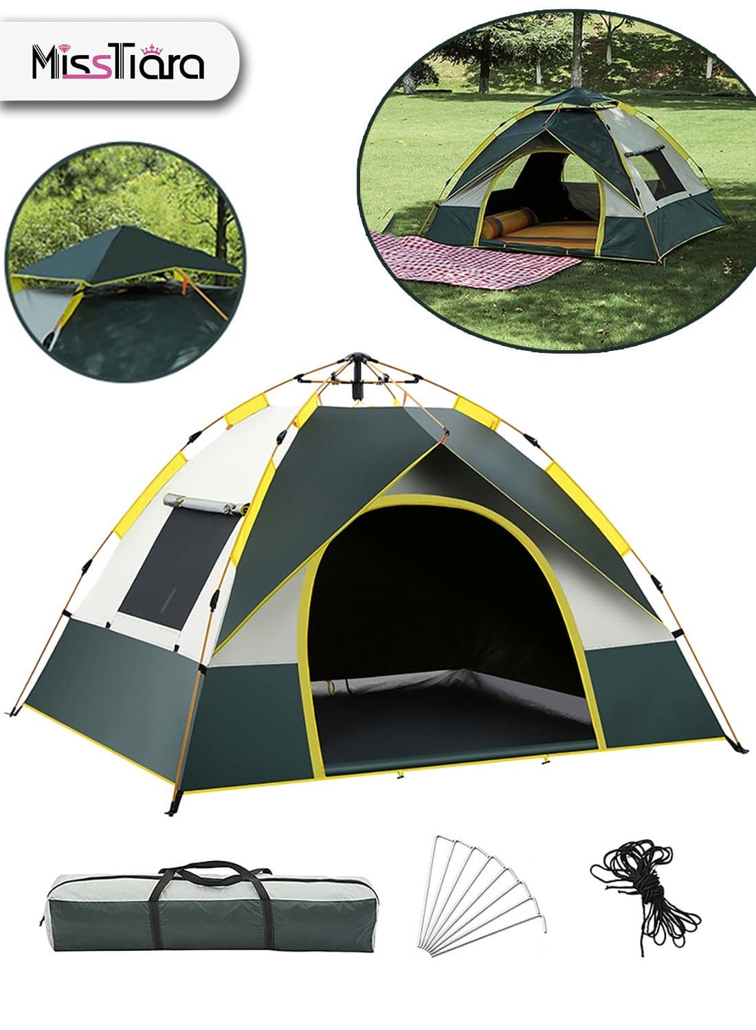 Camping Tent 3-4 People Capacity 210D Oxford Floor Polyester silver Coating Fly UV Protection Lightweight Waterproof & Windproof Ventilated Mesh Windproof Rope Storage Bag Outdoor Tent for Camping Hiking BeachTravel