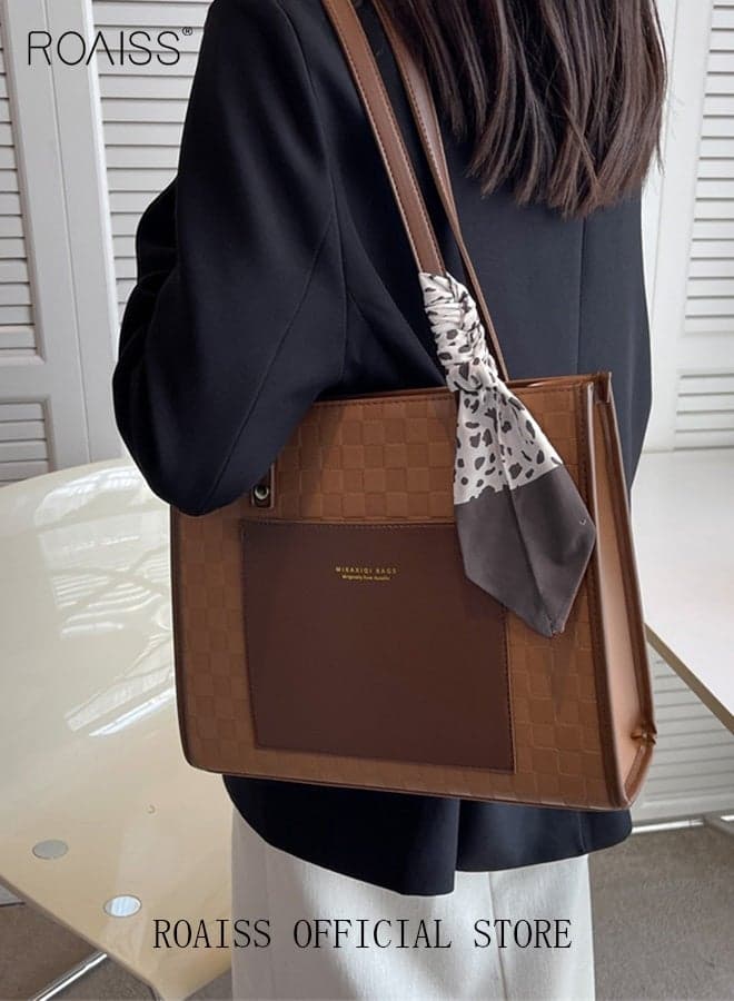 Women's Leather Two Tone Tote Bag, Geometric Letter Embossed Scarf Decor Handbag Shopper Bag, Ladies Large Capacity Commuter Shoulder Bag, 32*11*27cm