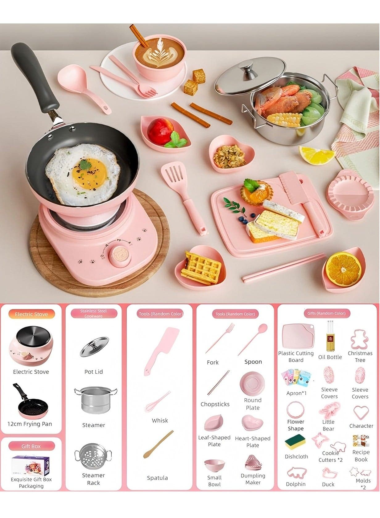 Kid Cooking Sets Mini Kitchen Safe Tools, Real Food Making for Children 8-12 Girls Beginner Cooking Educational Toys(Pink),32pcs