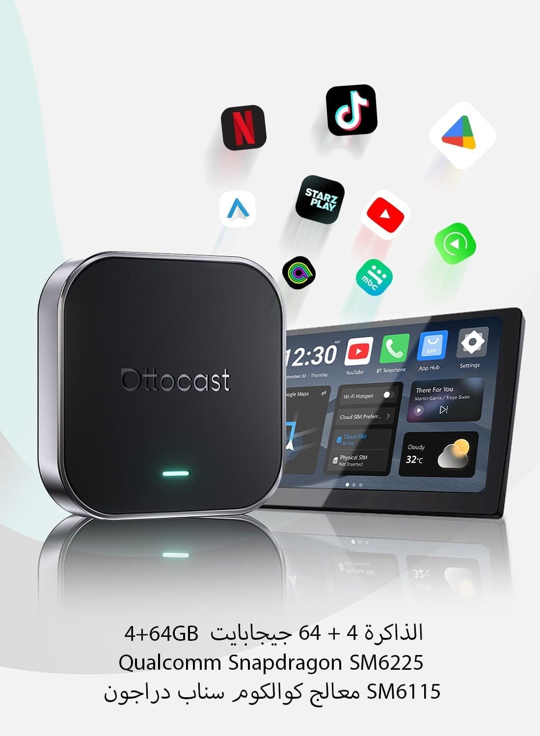 OTTOCAST OttoAibox E2 AI Box Google Play Store Netflix/YouTube Split-Screen Android 13 Wireless Carplay Android Auto 4+64 GB Carplay TV BOX Supports Cloud SIM / SIM Card microSD Card