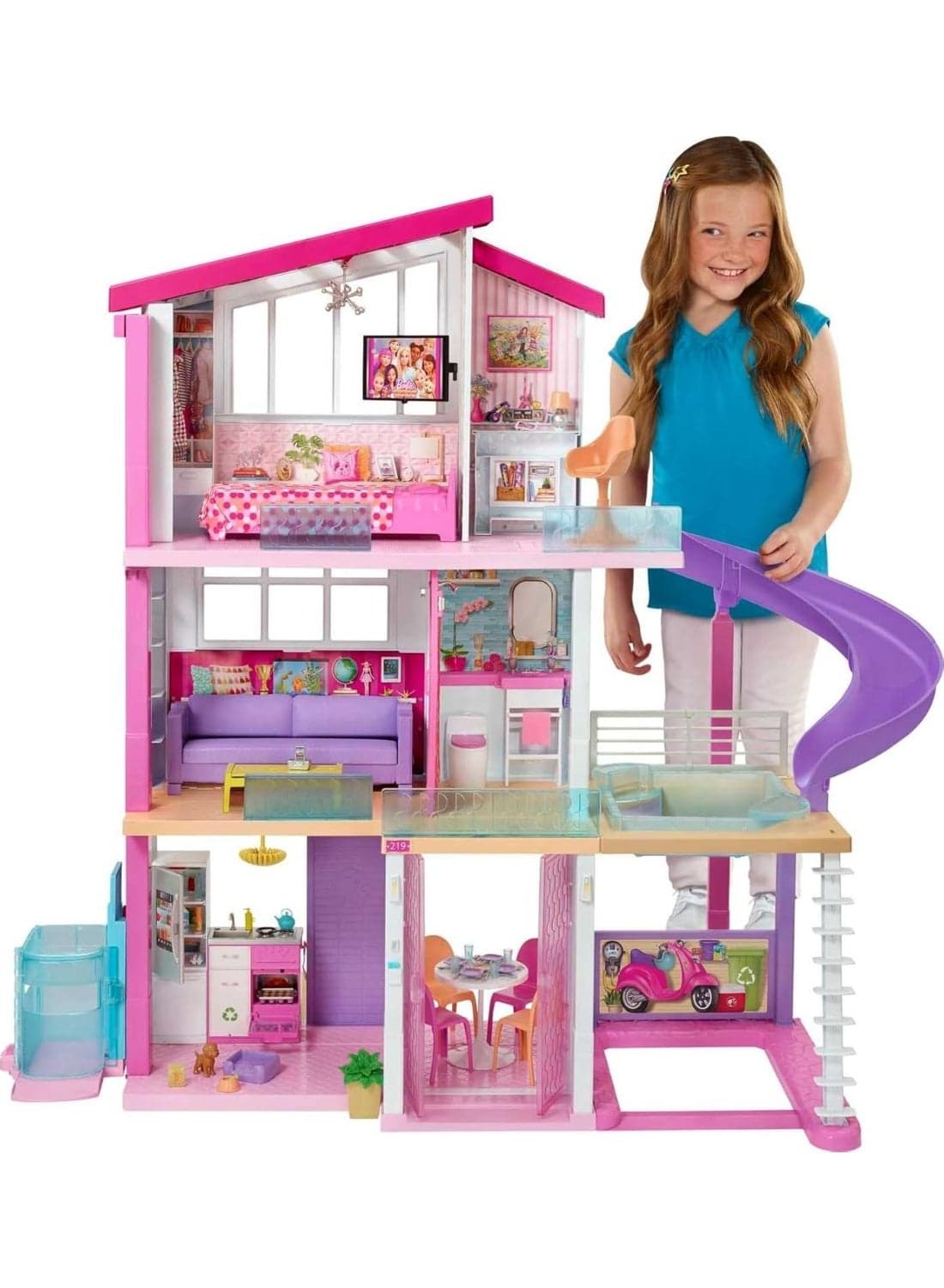 Doll House Dreamhouse Dollhouse With Pool, Slide And Wheelchair Accessible Elevator, Gift For 3 To 7 Year Old Gnh53, Multicolor