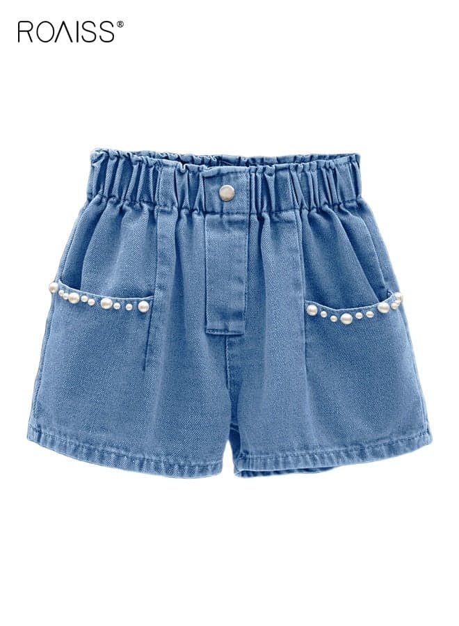 Girl's Summer Denim Shorts with Decorative Pearls and Pockets, Elastic Waist Straight Leg Short Pants, Stylish Versatile Jean Shorts for Girls, Suitable for Daily Wear and Other Occasions