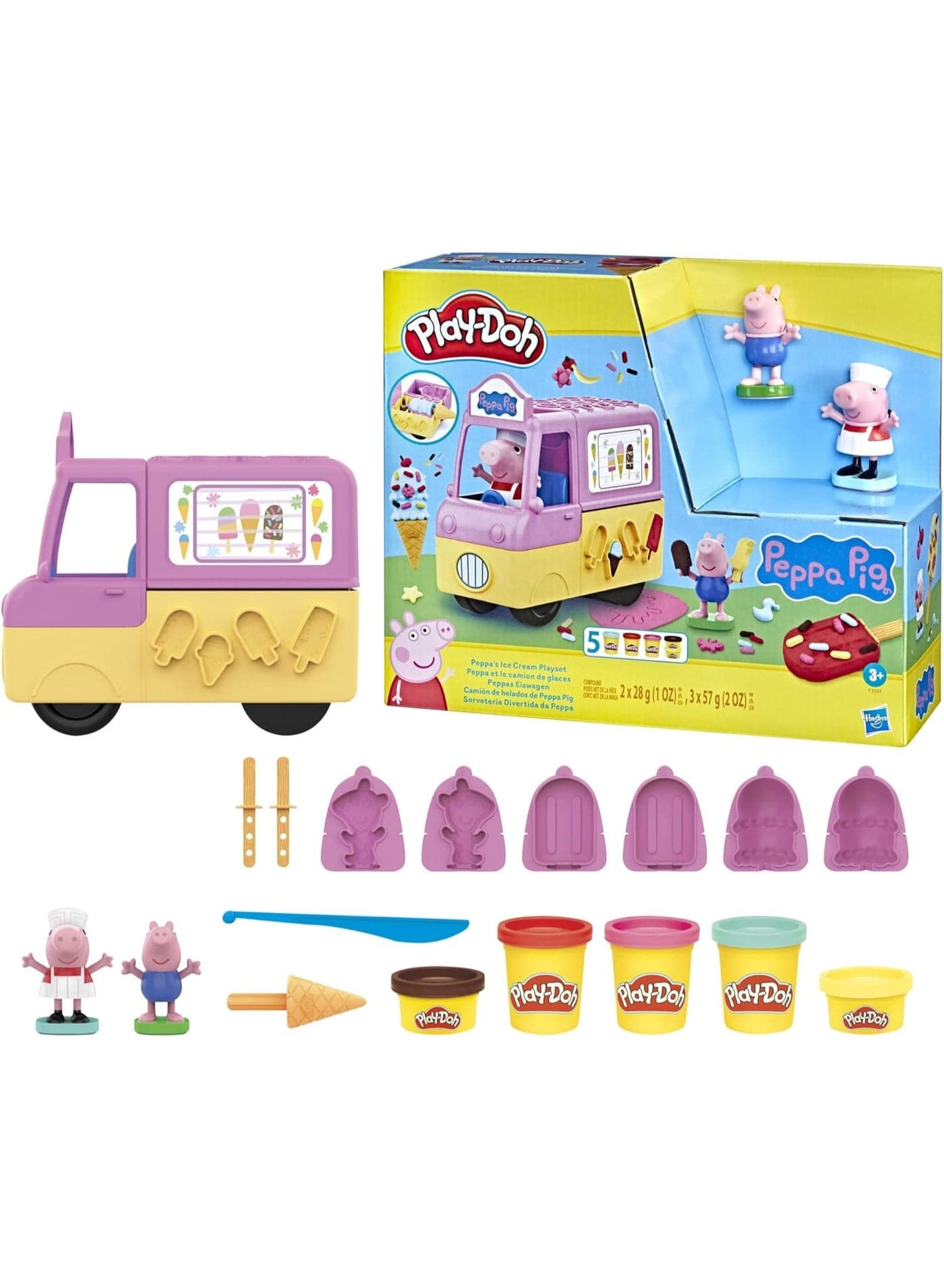 Peppa's Ice Cream Playset With Ice Cream Truck Peppa And George Figures And 5 Non-Toxic Modeling Compound Cans Toy For Kids 3 Years And Up