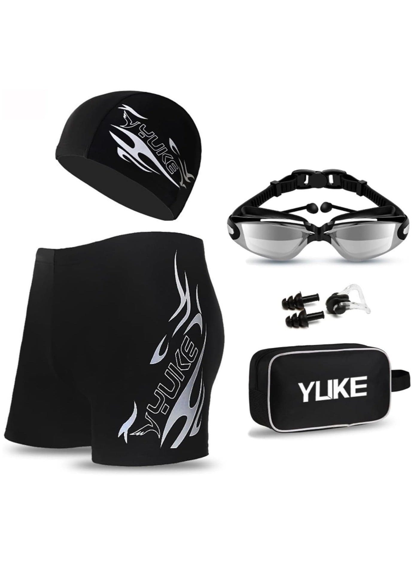 Men's Swimwear Set,6Pcs Swim wear Set,Swimming Trunks,Swim Goggles,Swim Cap,Ear Plugs,Nose Clip,Swim Bag.Adult Swimwear,Beach Essentials for Summer Fun.(Silver)