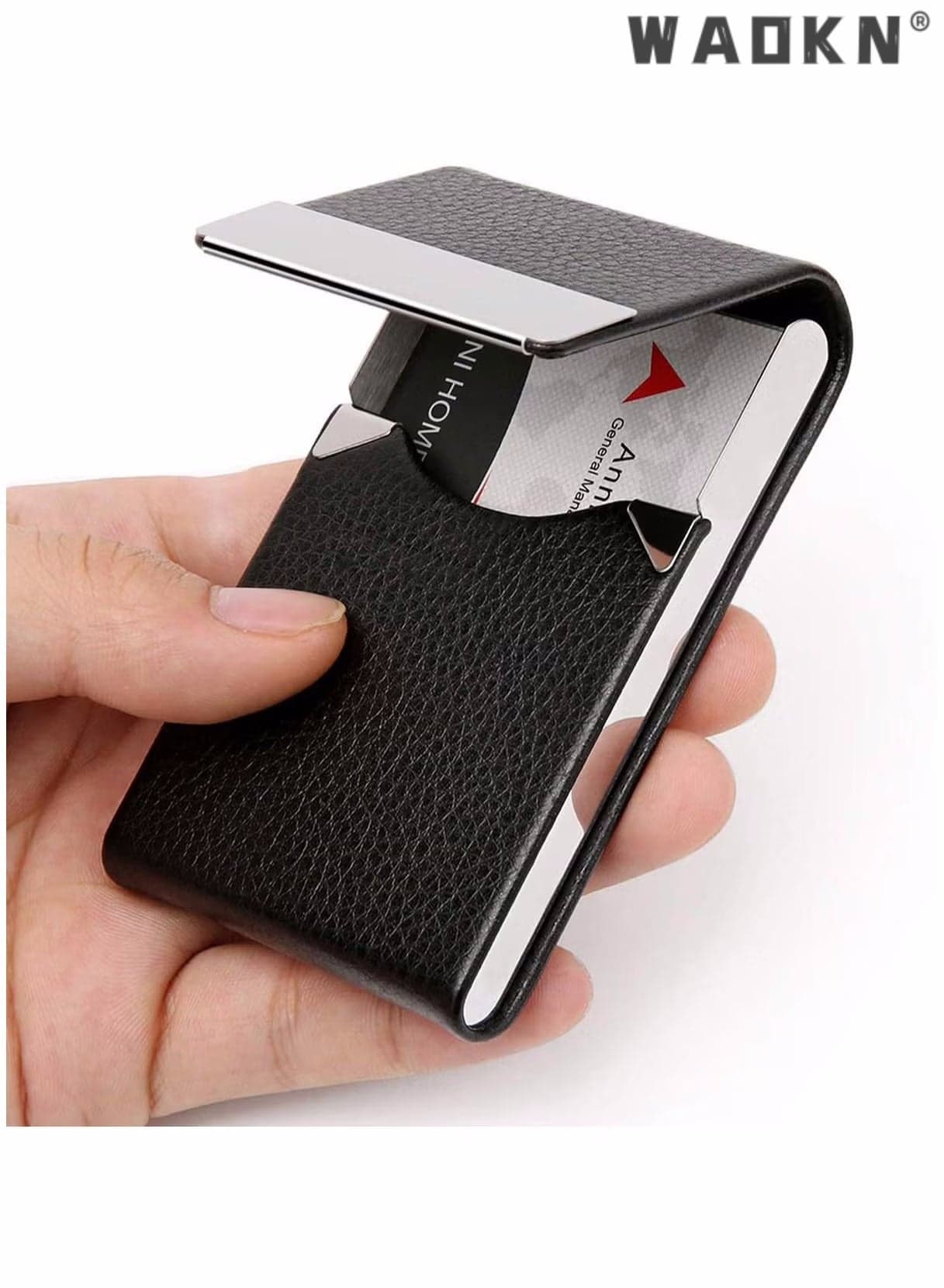 Business Card Holder Case Black Fashion Professional PU Leather Business Card Carrier Luxury Metal Name Card Holder with Magnetic Shut Wallet Credit Card ID Case for Men Women Best Gift Black