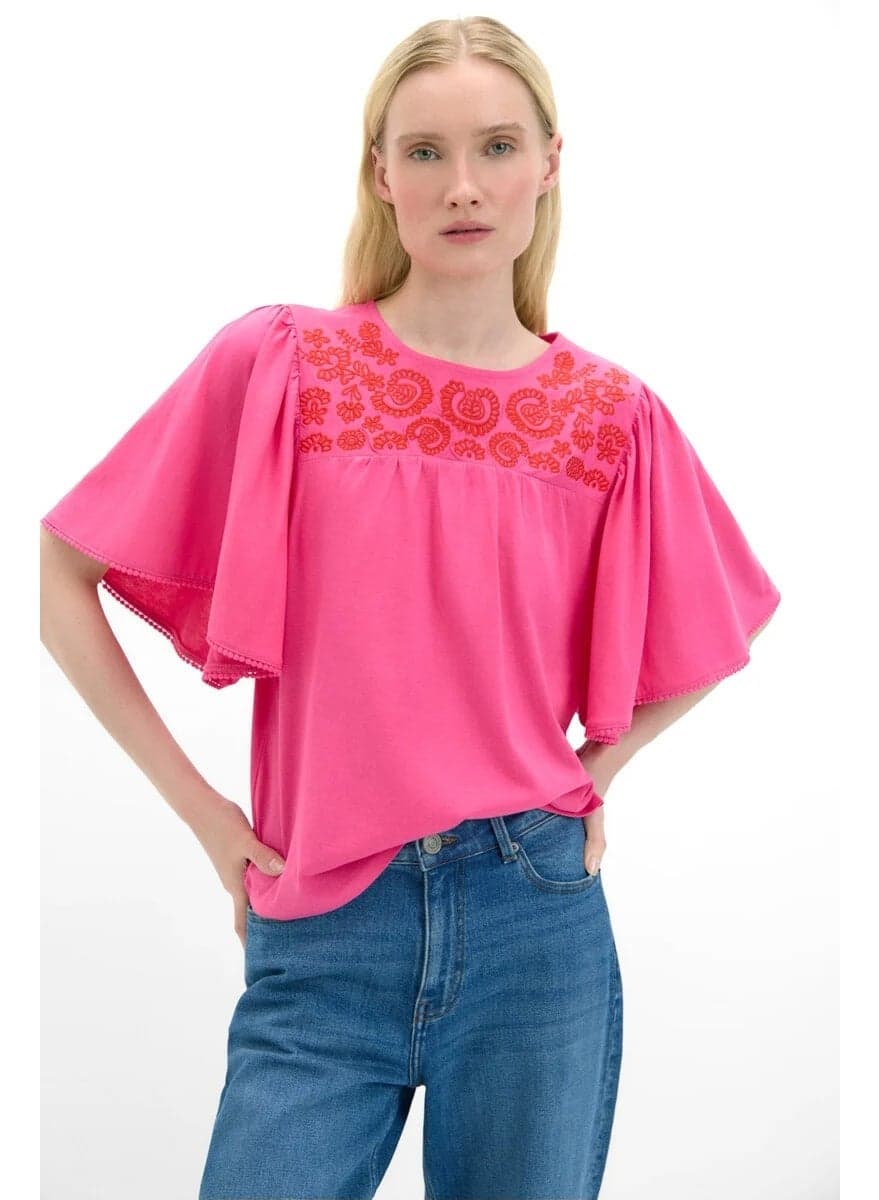 Women's Pink Embroidered Yoke Flared Sleeve 100% Cotton Top