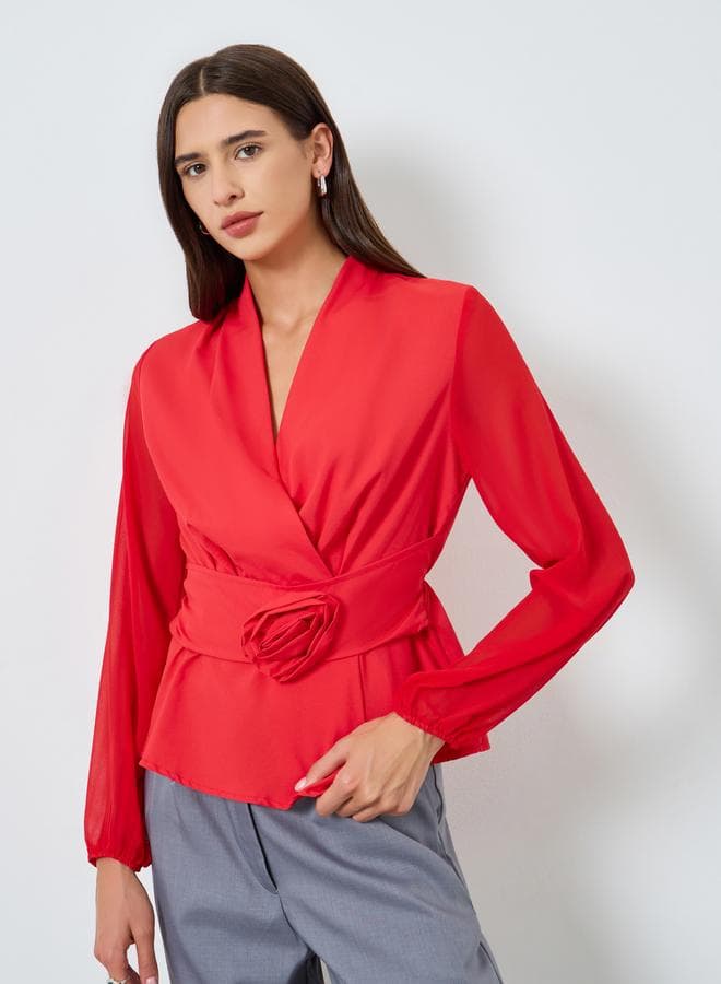 Solid Belted Flower Detail Balloon Sleeve Top