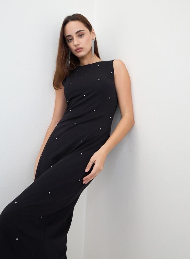 Styli Black Studded Sleeveless Midi Dress