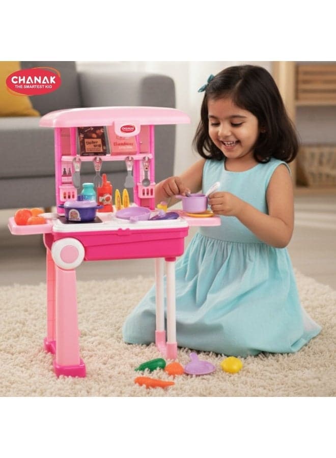 Chanak Kitchen set for girls, kitchen suitcase set on wheels, colorful pretend play cooking set for girls with 24 pieces, portable kitchen set for 3 years, (kitchen set trolley)
