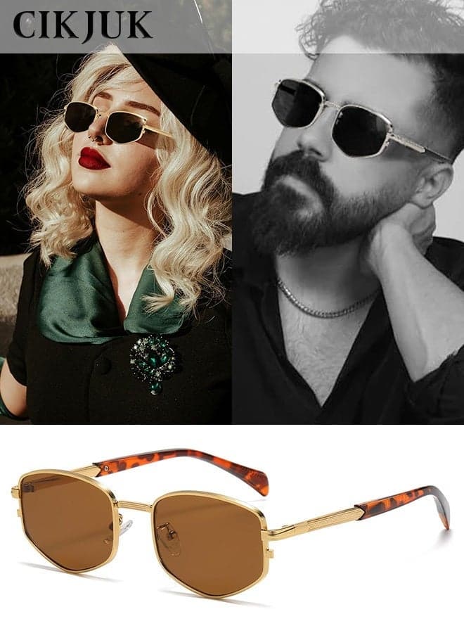 Metal Frame Sunglasses Men Women Trendy Rhombus Sun Glasses Luxury Polygon Men's Women's Sunglass Classic UV400 Protection for Mens Shades Premium Man Sun Glas Brown