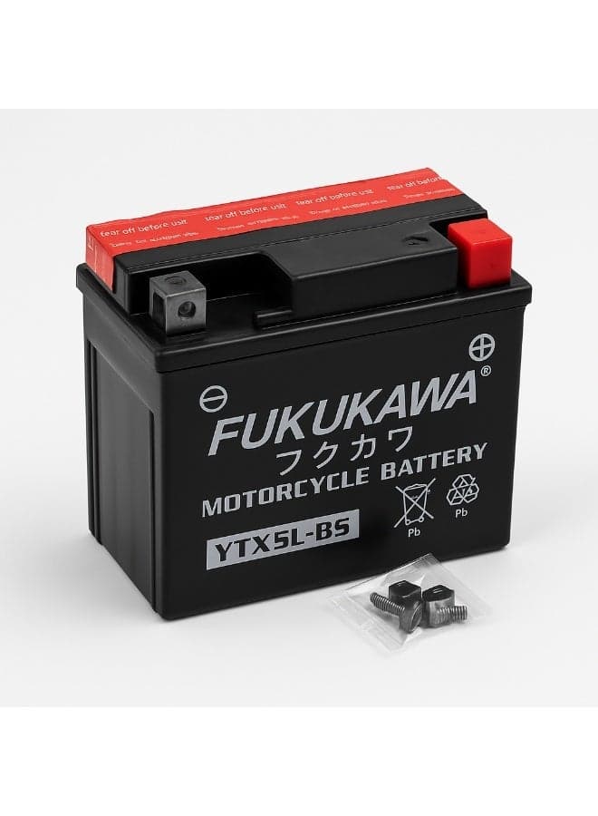 FUKUKAWA YTX5L-BS 12V 5Ah Motorcycle Battery, Refillable Conventional Lead Acid with 6 Pack Electrolyte for Scooter, ATV, Jet Ski & Motorbike