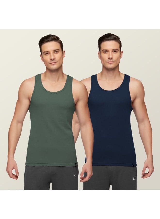 Men's Nova 100% Combed Cotton Ribbed Regular Fit Solid Round Neck Vest Undershirt, Pack of 2