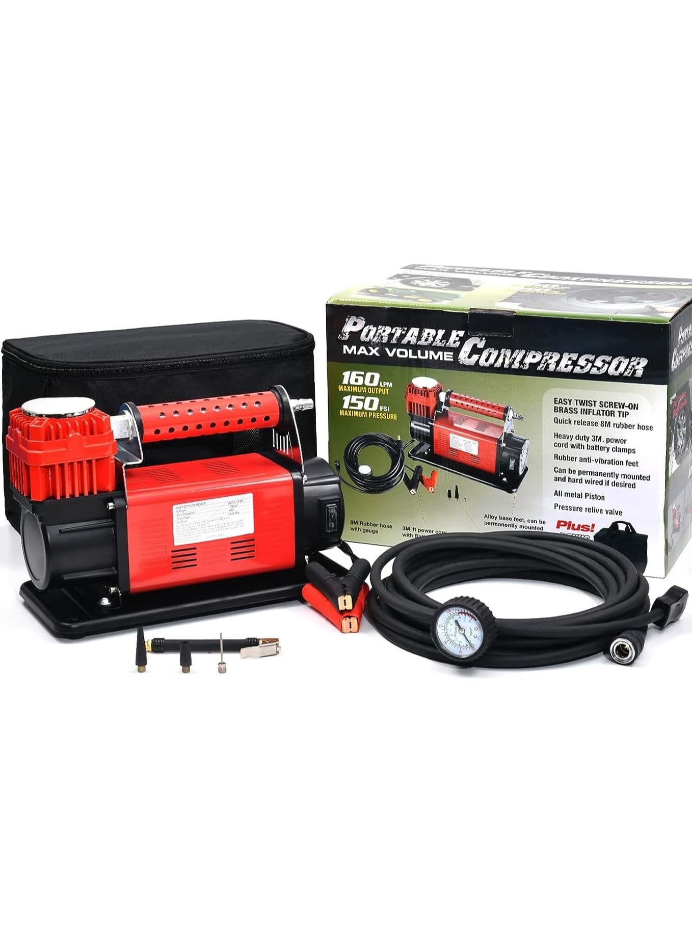 2 Cylinder Air Compressor Pump Heavy Duty - DC 12V Tire Inflator 150 PSI for Cars 4x4 Off-Roaders SUVs RVs Trailers Pickups etc.