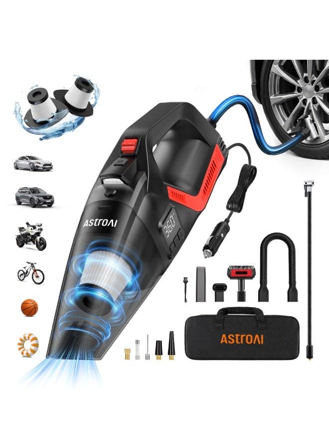 AstroAI Handheld Car Vacuum Cordless with Accessories, Portable Vacuum Cleaner with 12V DC Power, LED Light, Brush, Extended Suction Pipe, Hose, Mini Handheld for Car, Home, Office, and Pet Hair, Red