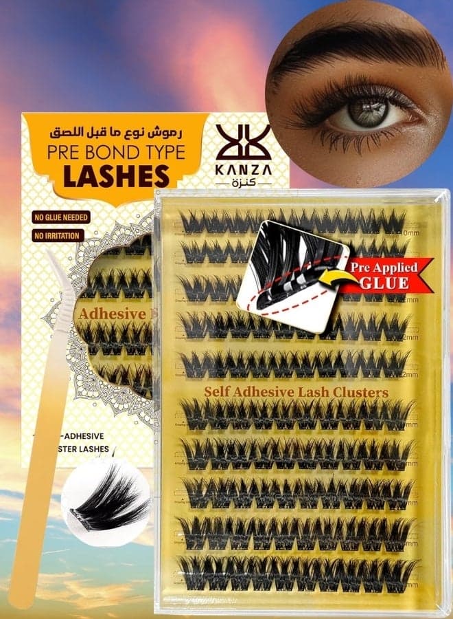 Pre Bond Type Lashes Kit with Tweezers Self Adhesive Eyelashes Eyelash Clusters Kit, False Eyelashes D Curl Pre Glued Lash Clusters Wispy Lashes Cluster Kit Lash Clusters for Beginners and Salon use Press On DIY Lash Extension Eye Makeup Kit Falselashes 10-16mm Size 100 Pcs