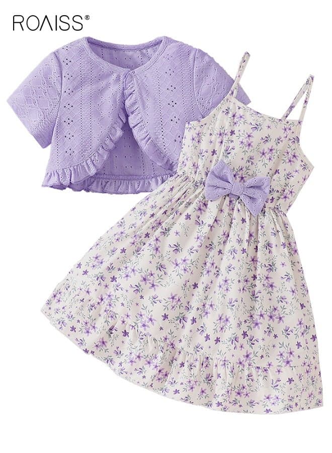 Girls Stylish Dress and Coat Set, Floral Print Sleeveless Dress and Short Sleeve Cardigan Set, 2 Pieces Summer Casual Outfits for Little Girls, Suit for Daily Wear or Any Occasion