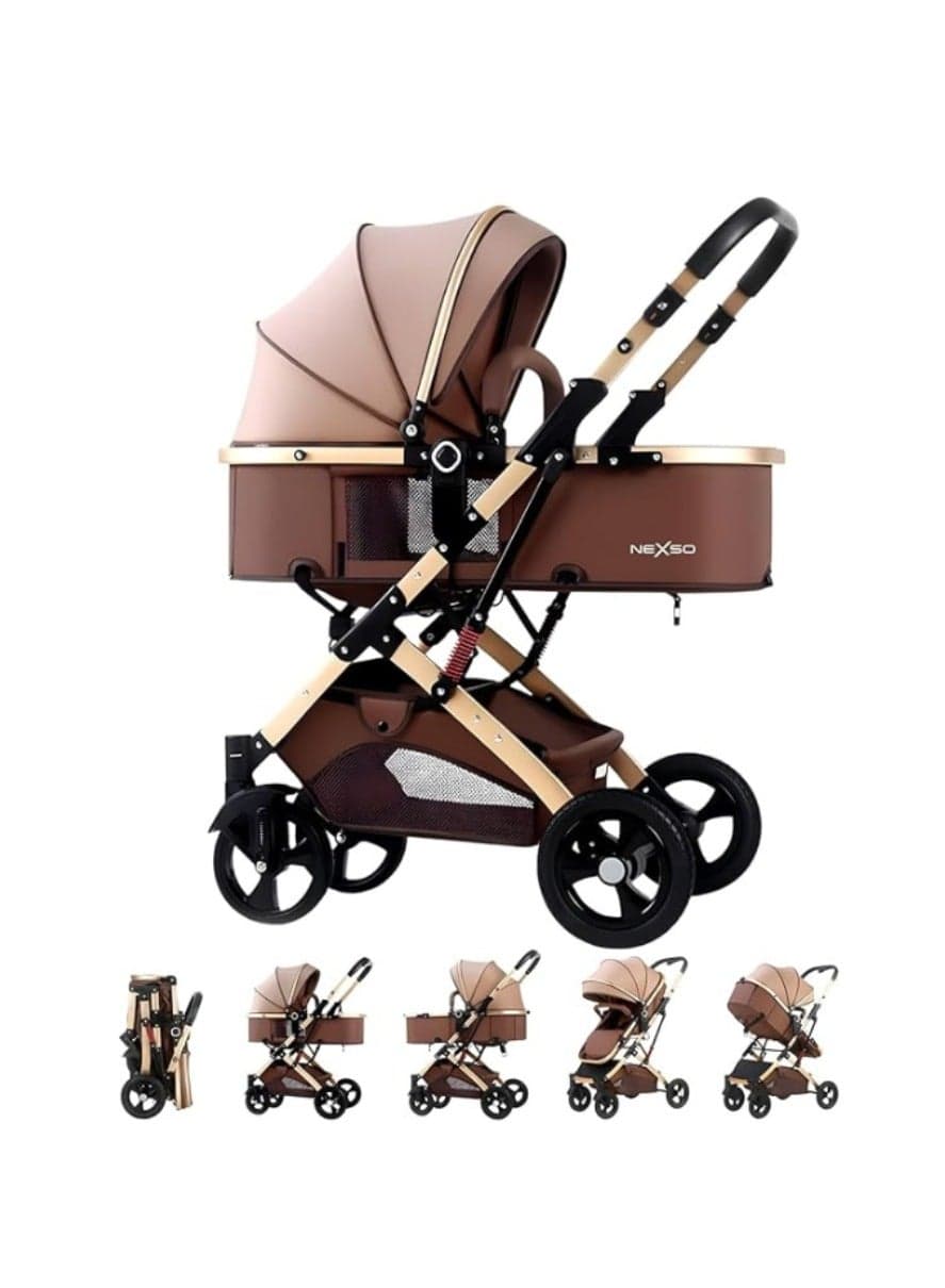 Nexso 2-in-1 Convertible Brown Baby Stroller | Lightweight Travel Stroller with Reversible Seat, UV Canopy, Rubber Wheels, Shock Absorption, One-Hand Fold & 5-Point Harness – Strollers & Prams