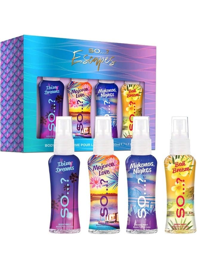 So…? Escapes Womens Gift Set, with Ibiza Dream, Bali Breeze, Mykonos Nights & Majorca Love, Fragrance Spray Set (4 x 50ml)