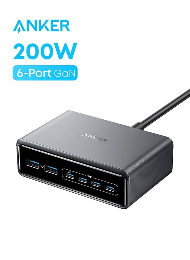 Prime Charger, 200W 6-Port GaN Charging Station, Fast Charging USB C Charger, Compatible with iPhone 17/16 Series, MacBook Pro/Air, iPad Pro, Dell XPS, Samsung S26/ S25/S24, Huawei, Xiaomi, Vivo Silver