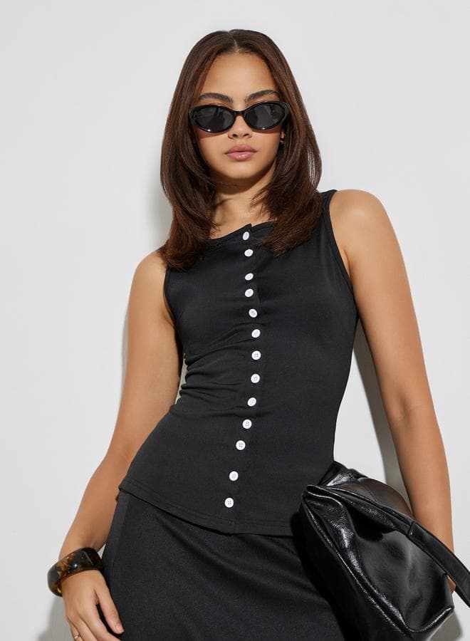 Black Sleeveless Button-Down Top
