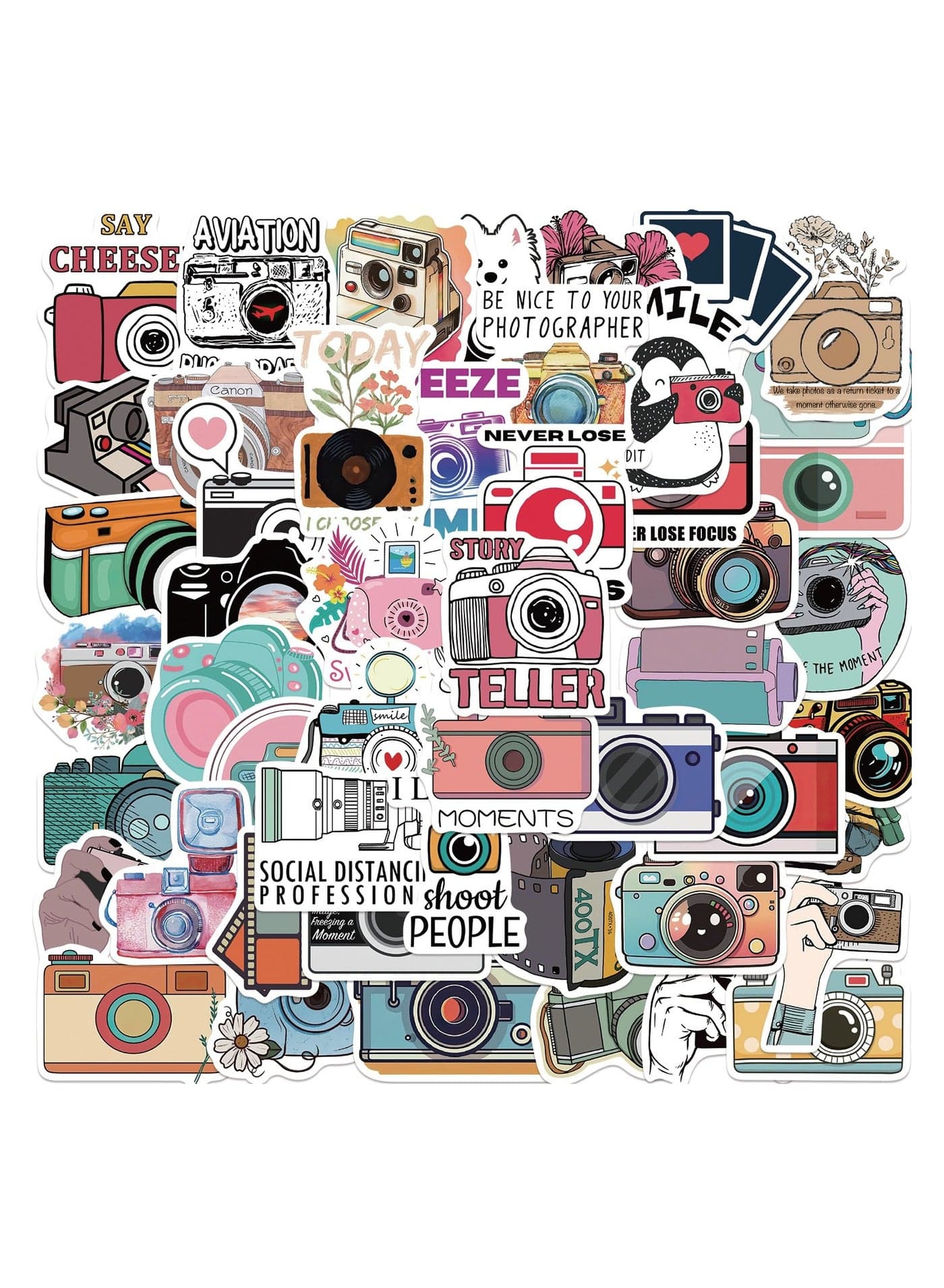 50 Pcs Camera Stickers Decorative Decals Waterproof Vinyl Gifts for Car Scrapbook Laptop Water Bottle Luggage Adults Boys Girls