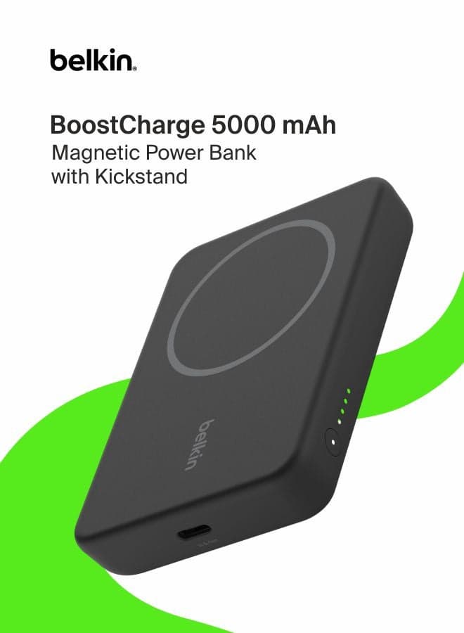 5000 mAh 5000 mAh Magnetic Wireless Power Bank, Portable Charger Compatible with MagSafe with Pass-thru Charging, 7.5W Output, 10W Input and Kickstand, Compatible with iPhone 13 and 12 Series – Black Black
