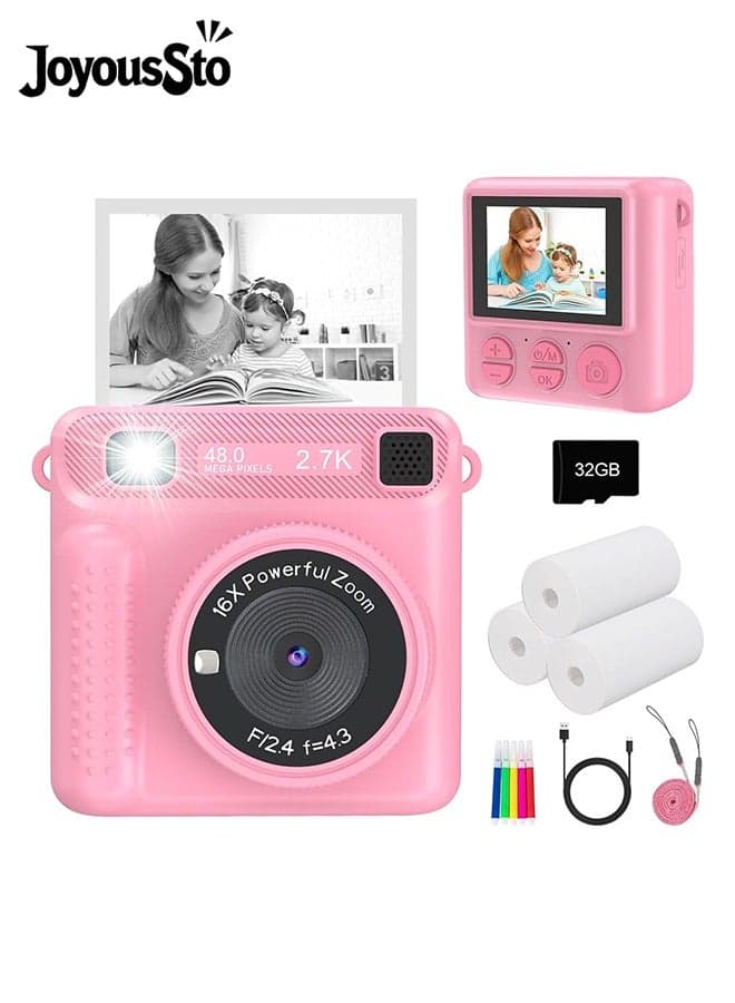 Instant Print Camera for Kids,Instant Camera for Girls Boys,Kids Camera Toys for Toddler 1080P HD Selfie Digital Camera with Print Paper & 32G Card,Birthday Gifts for Age 3-12 Years Old Pink