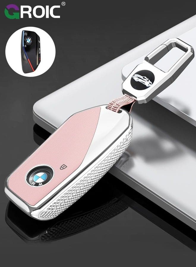 For BMW Key Fob Cover with Keychain, Car Key Shell Case for BMW 3 5 7 Series X1 X3 X5 X7 IX XM U11735i 740Li 2023 2024, BMW Remote Smart Key PC Protector, Car Key Holder Key Cover (Pink)