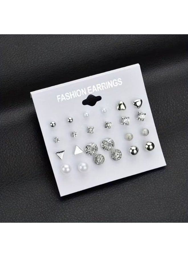 12 Pairs Minimalist Faux Pearl and Cubic Zirconia Stud Earrings Set for Girls – Elegant Small Ear Studs, Lightweight Fashion Jewelry for Daily and Casual Wear