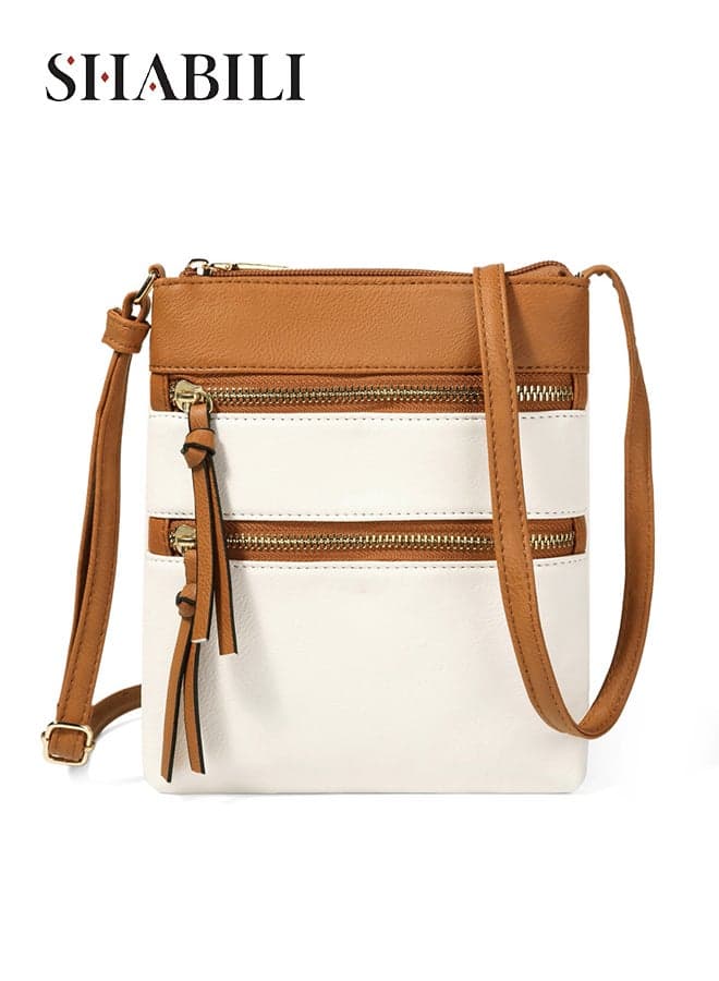 Women Shoulder Bag PU Large-Capacity Multi-Pocket Crossbody Sling Satchel, Ladies Cross Bags Messenger with Zipper Tassel Front Pockets for Teenager Youth Daily Casual Party Travel Work (White Brown)