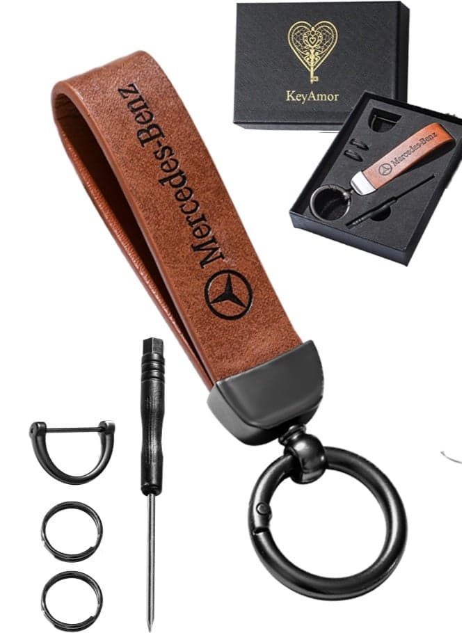 Luxurious Leather & Metal Keychain Mercedes Benz keychain – light brown Edition with Elegant light brown metal and leather keychain car key holder for adults. Stylish car keychain with 3 key rings, featuring the iconic logo, perfect as a fancy gift or car accessory. Designed in a sleek light brown colour for a refined and modern look, it offers 360-degree rotation for added convenience, is suitable for both men and women, and comes beautifully packaged in a fancy gift box.