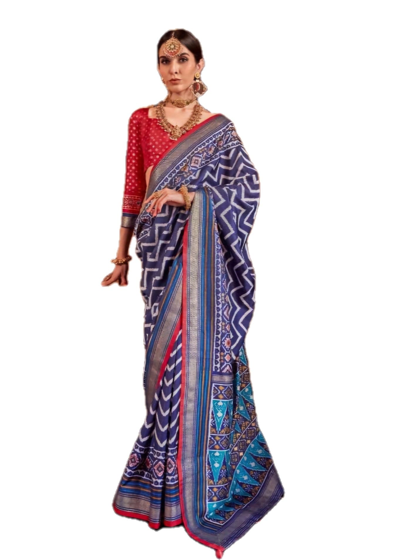Purple Blue Color Cotton Silk Saree With Geometric Patterns With Red Border Plus Red Unstitched Blouse