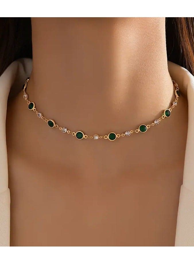 Niche Personality Retro Green Zirconia Short Necklace Clavicle Chain Luxury Style Neck Jewelry