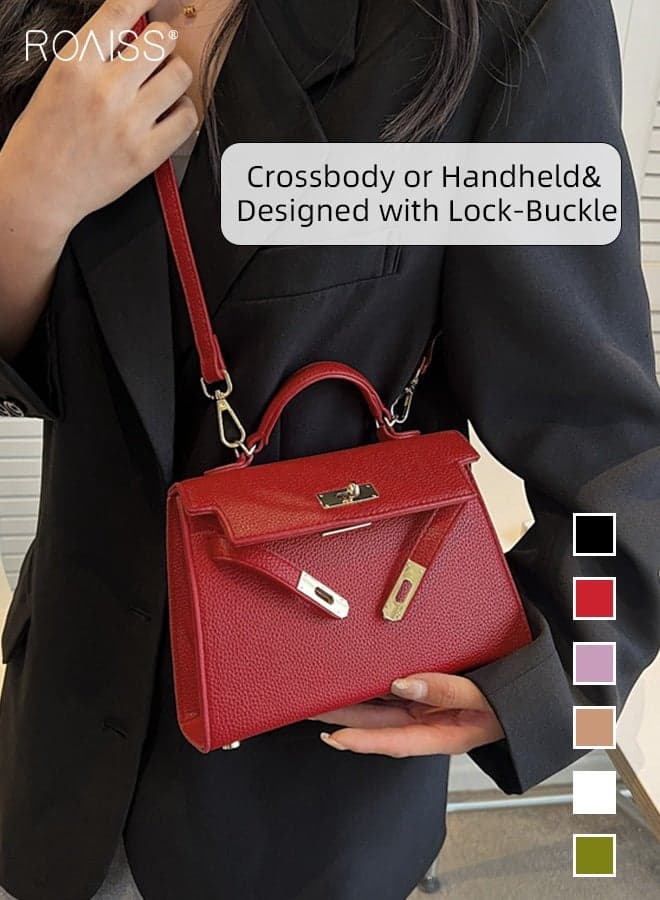 Women's Retro Handle Satchel with Detachable Strap, Casual Shoulder Kelly Bag, Ladies Handbag Crossbody Bags with Lock Closure, Red, 21*6*15cm