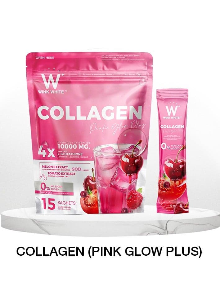 Wink White Collagen Pink Glow Plus – 15 Sachets (12g Each) | 10,000mg Collagen, L-Glutathione, Melon & Tomato Extracts for Radiant & Youthful Skin